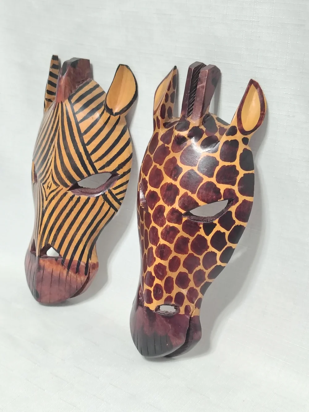 2 Wooden African Animal Masks Hand Carved Wall Decor Zebra & Giraffe Masks 10